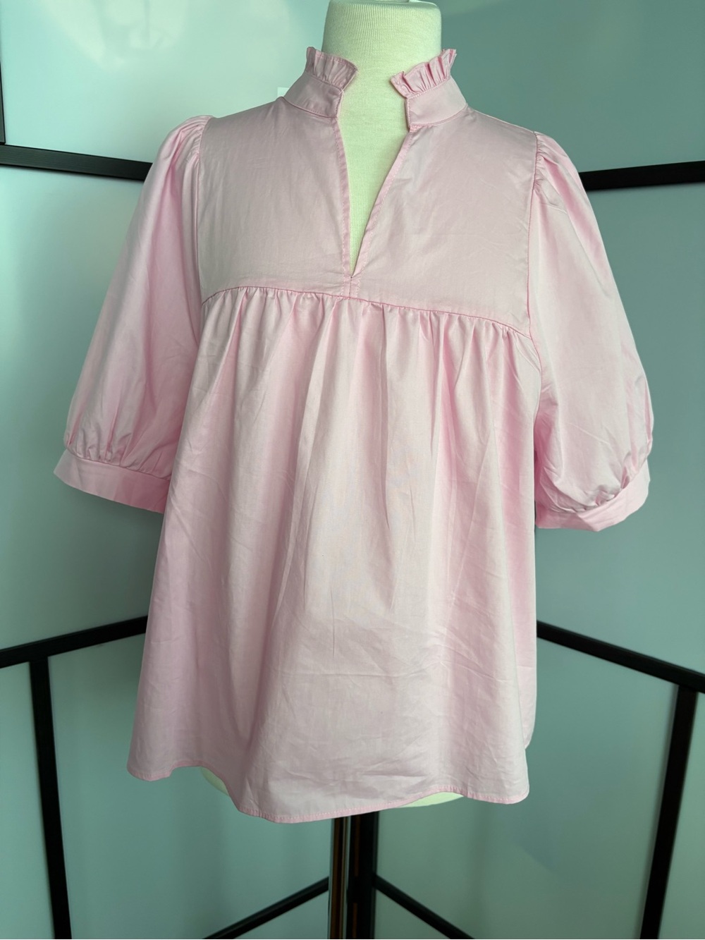 Cicy Bell NWT Light Pink Cotton Puff Sleeve Babydoll Blouse Size L - Picture 2 of 14